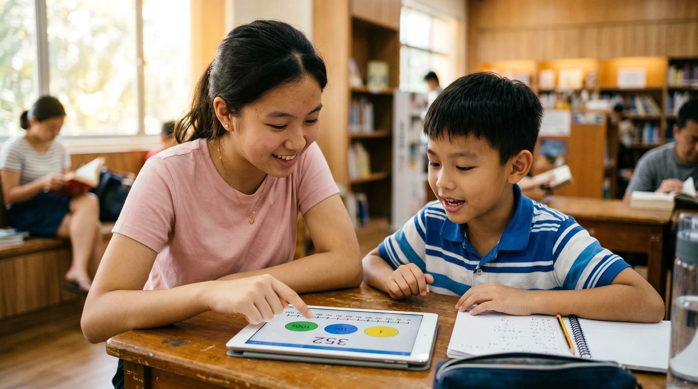 Volunteer teaching a Singaporean primary student through a Quillino visualisation on a tablet