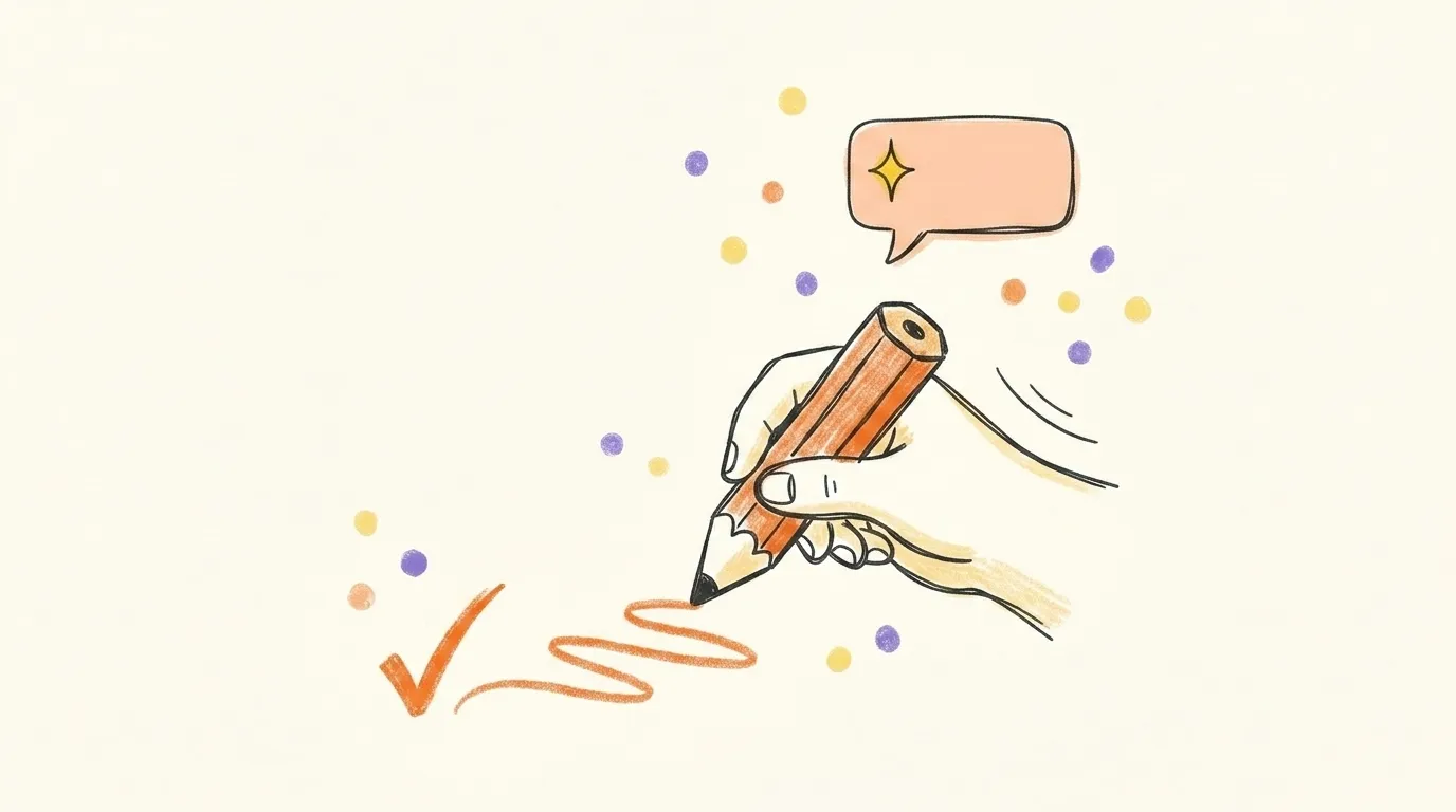 Hand-drawn doodle of a pencil with a checkmark trail — Practice